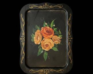 Vintage Toleware Black Tray with HandPainted Roses and Gold Scrollwork