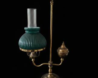 Vintage Brass Double Arm Student Lamp with Ribbed Green Glass Shade