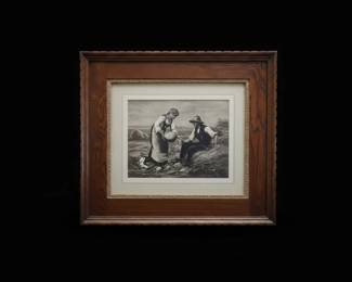Vintage The Angelus Print by JeanFrancois Millet in Oak Frame