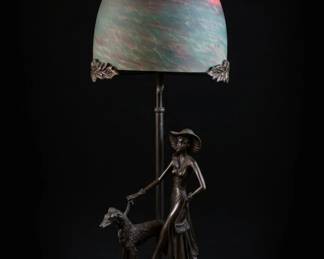 Art Nouveau Lady and Dog Table Lamp Style of Frederic Remington