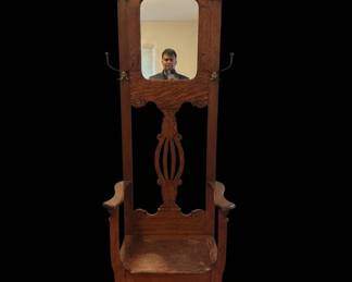 Antique Tiger Oak Hall Tree with Mirror and Bench