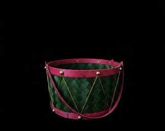 Vintage DrumStyle Woven Basket with Red Rims and Gold Cord Lacing