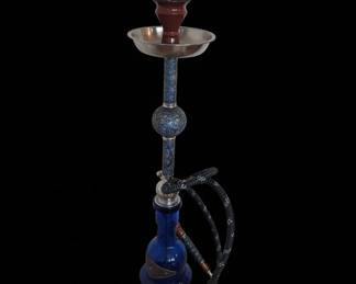 Blue Glass Hookah with Ornate Copper Stem