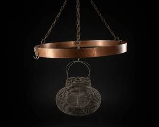 Vintage Copper Pot Rack with Wire Basket
