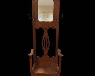 Antique "Tiger Oak" Hall Tree with Mirror and Bench