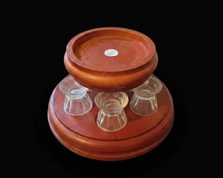 Vintage Wooden Serving Stand with Glass Pedestal Cups