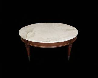 Round Marble Top Coffee Table with Tapered Fluted Legs and Brass Ferrules
