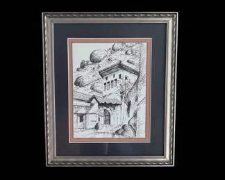 Framed Pen and Ink Drawing of a Balkan Village Scene