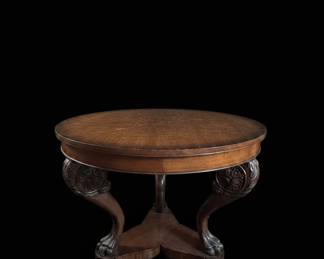 th Century Round Empire Table with Split Pedestal Lion Paw Base, Mahogany