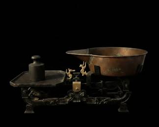 Antique Cast Iron and Brass Countertop Balance Scale with Weights