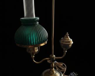 VictorianStyle Student Lamp with Emerald Ribbed Cased Glass Shade