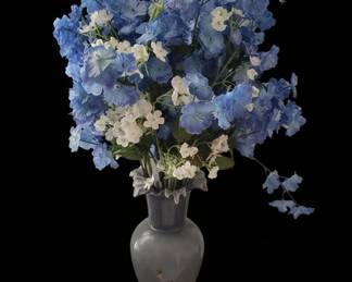 Artificial Delphinium and Babys Breath Floral Arrangement in Blue Glass Vase