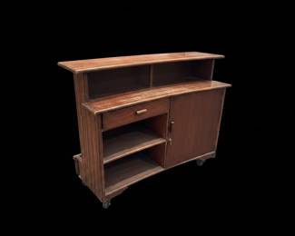 Wooden Bar Cabinet with Assorted Liquor Bottles and Barware