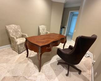 Gilded Wood Office Desk $1000.00 Brown Leather Office Chair $700.00 U