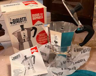 Vintage In-Box Set: Bialetti Moka Express stovetop coffee maker - Italian design includes original box and instructions.
