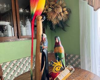 Tall pedestal Parrot/Macaw Sculpture, mid-sized folk art parrots or tropical tiki decor, and novelty bird wine bottle holder.