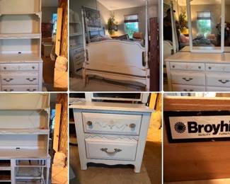 Vintage Broyhill Bedroom Set for Girls/Teen Room. Color is an off-white with a beautiful painted flower and ribbon design. Includes two-poster headboard and footboard, dresser with mirror, 2-piece chest with hutch, nightstand, and desk with large hutch (lighting option - desk is missing drawers but baskets could work well.) Long dresser with mirror measures 50”x 18” deep x 29” tall. Tall dresser is 36”x18”x48”. Desk is 42” x 18”x 75” (WITH HUTCH).
