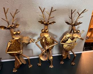 Vintage Brass Whimsical Welded Metal Reindeer Musician Trio (set of 3). One violinist, one horn/trumpet player, and one guitarist.