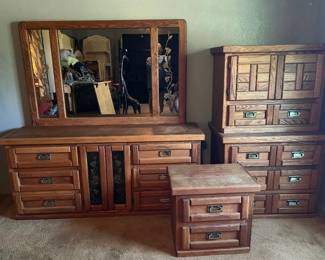 Solid Wood Bedroom Set includes dresser, two piece (stackable) chest of drawers/amoire, and nightstand