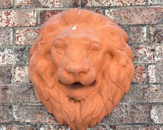 Vintage terracotta lion head hanging planter designed by Leota Thomas in 1980.