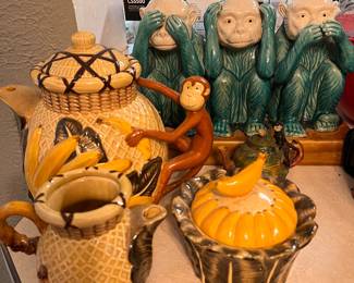 Ceramic Monkey & Banana Tea Set including teapot, creamer, lidded sugar bowl. Also Three Wise Monkeys Figurine.