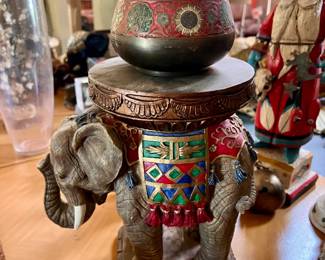 Vintage ceramic composite elephant plant stand or garden stool. Also pictured is a lidded censor.