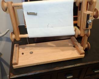 K's Creations adjustable needlework lap/table stand equipped with a scroll frame.