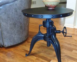 Antique Industrial Crank End Table Iron Top Cast Iron Base Design Metal Adjustable Height End Table