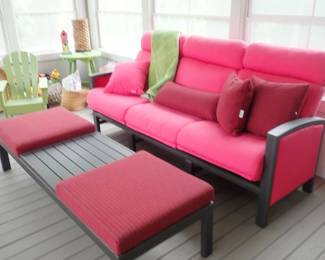 PINK & WOOD SOFA & OTTOMAN COFFEE TABLE