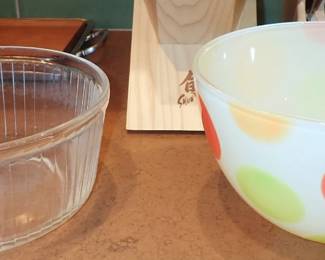 vintage mid-century modern "Love Shakes" glass mixing bowl featuring a colorful polka dots