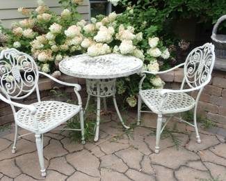 IRON CHAIRS & TABLE