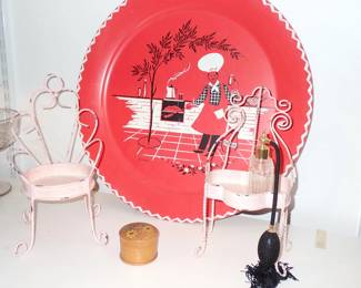 VINTAGE TRAY DOLL METAL CHAIRS - VINTAGE PERFUME BOTTLE