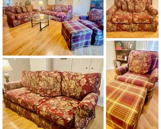 Cottagecore Deep Red Floral Sofa, Loveseat, Chair & Ottoman by ROWE