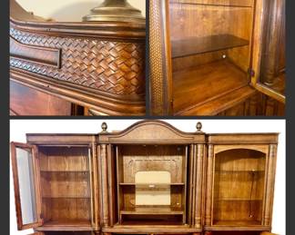 Detail pics: Ashley Furniture Millennium Collection Serengeti entertainment center featuring a three-part solid wood design with herringbone paneling •Center Media Cabinet 2 Pieces Overall 47w 25d 78"tall Bottom Center cabinet 31.5" tall •Side Glass Door Cabinet 1 piece Lighted 32wide 21deep 73tall •Side Open Glass Shelves Cabinet 1 piece Lighted 32wide 21deep 73tall