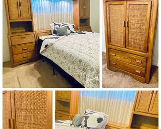 1980s Vaughn of Virginia Solid Oak Bedroom Suite Queen Bed storage headboard, Light Bridge, 2 cabinet/nightstand towers, and Chifferobe