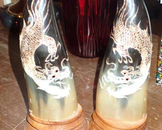 CARVED DRAGON HORNS PAIR