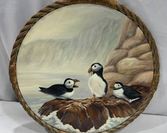 Painting of Puffins in Rope Frame