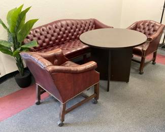 Burgundy Tufted Leather Bench and Rolling Chairs