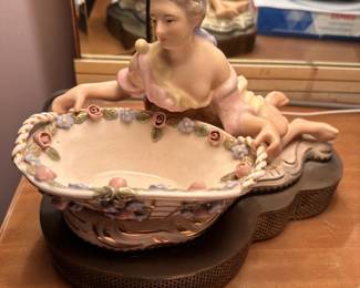 Vintage Porcelain Figurine Table Lamp with Trinket Tray