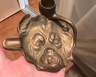 Antique Victorian Solid Brass Bulldog Ashtray with Match Holder