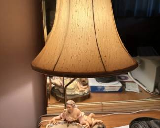 Vintage Porcelain Figurine Table Lamp with Trinket Tray