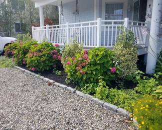 Plants; Belgian blocks; gravel. Vinyl railing