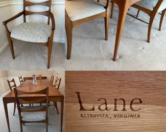 , Lane Rhythm Dining Set with 6 Ladder-back Chairs-2 Leaves Walnut
