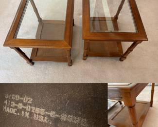 Pair 1970’s  - 80’s  Glass Top End Tables Faux Bamboo &  Caning bottom  Shelf  27" deep, 21"" tall, 21"" wide
