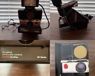 vintage Polaroid SX-70 Land Camera Sonar OneStep, with autofocusing sonar unit and a Focal brand flash