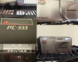 Olympus Camedia D-340R digital camera, silver body, 1.3-megapixel resolution,  vintage Pentax PC-333 compact film camera, auto-focus, 35mm lens