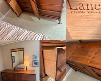 MCM , Lane Rhythm lowboy walnut dresser six drawers, and a central cabinet with reversible cane doors
