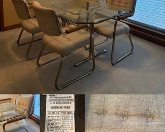 1970’s mid-century modern Chromcraft dining set glass-top table with four upholstered, button-tufted cantilever chairs