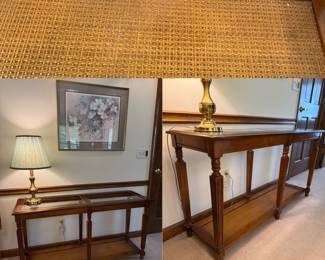 1970’s  Walnut Two Tier Glass Top Console Table  Faux Bamboo &  Caning bottom  Shelf