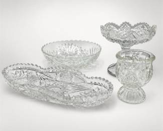 Lot 736: 4 Cut & Pressed Glass Pieces: Celery Tray, Bowl & Compote